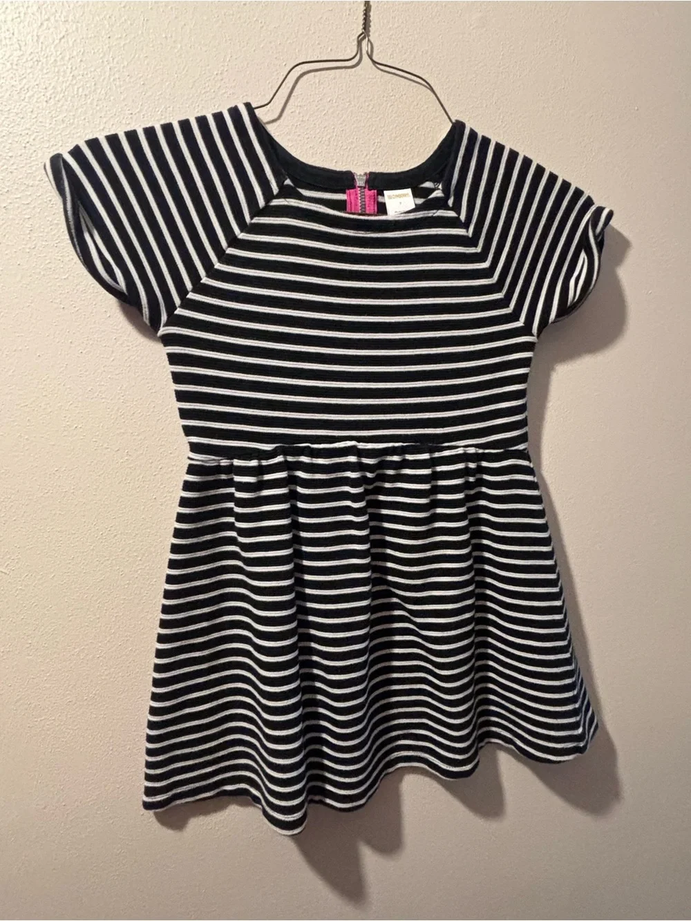 Gymboree Girls Size 7 Black/White Striped Knit Dress Pink Back Zip